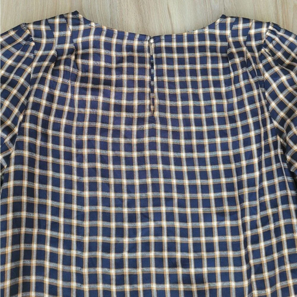 LOFT Blue Gold Plaid Puff Sleeve Blouse XS Business Casual Coquette Top